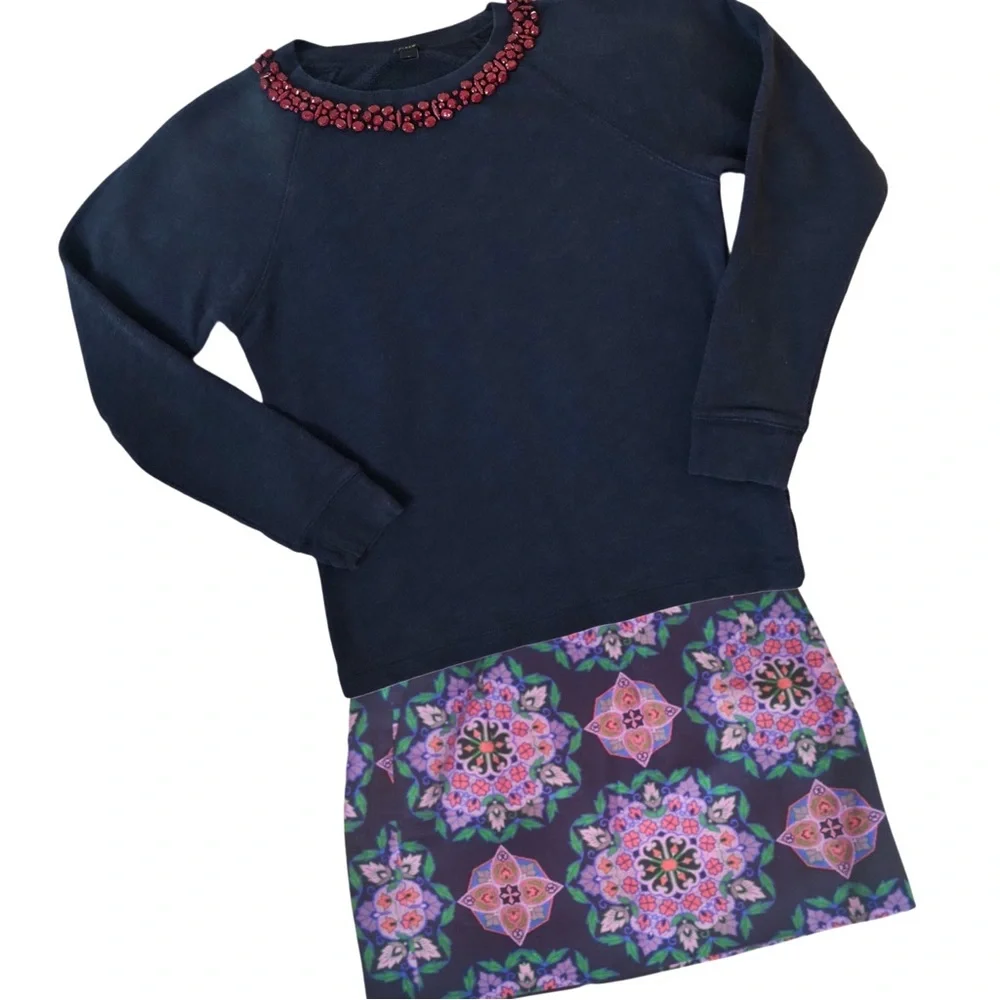 J. Crew Navy Crew Neck Sweatshirt with Red Stone Embellishments Sz S